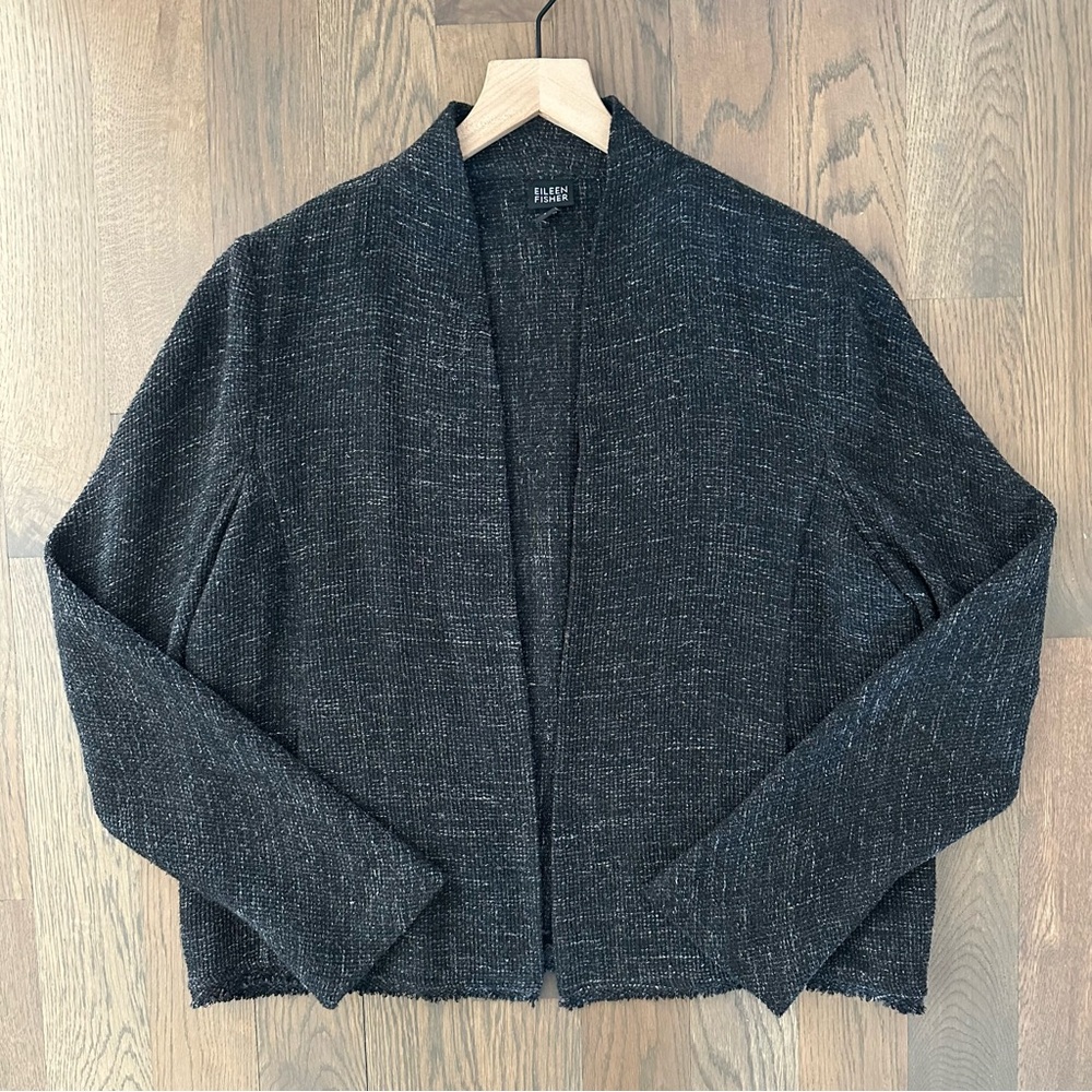 Eileen Fisher Washed Tweed Open Front Wool Blend Draped Jacket Grey Melange L